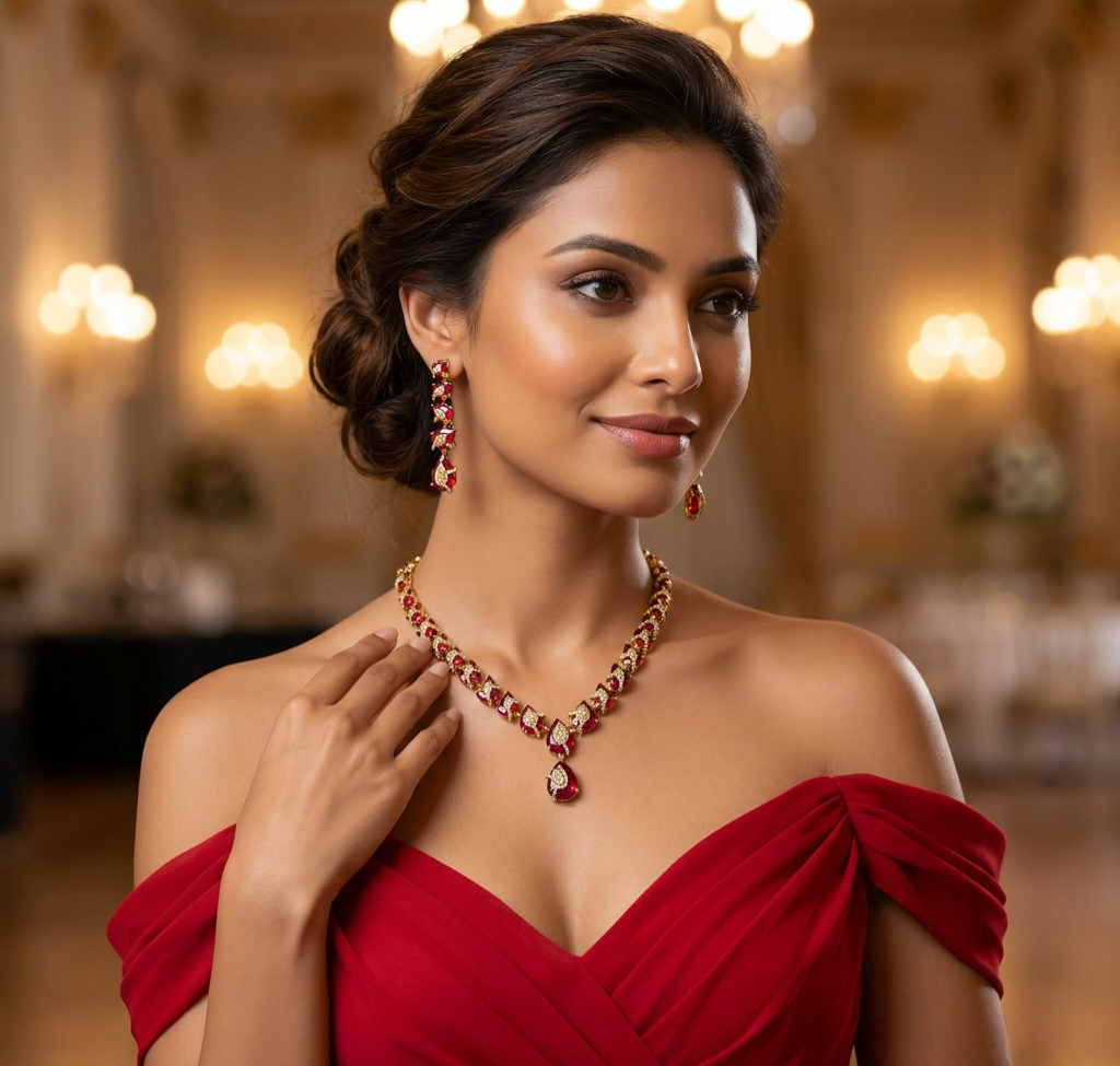 Ayra - Red Garnet Gold Necklace Set With Earrings