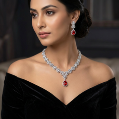 Kesha - Swarovski Lava Red & White Stones Necklace Set with Earrings