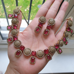 Elegant Garnets Necklace Set with Cubic Zirconia - Dull Gold Plated