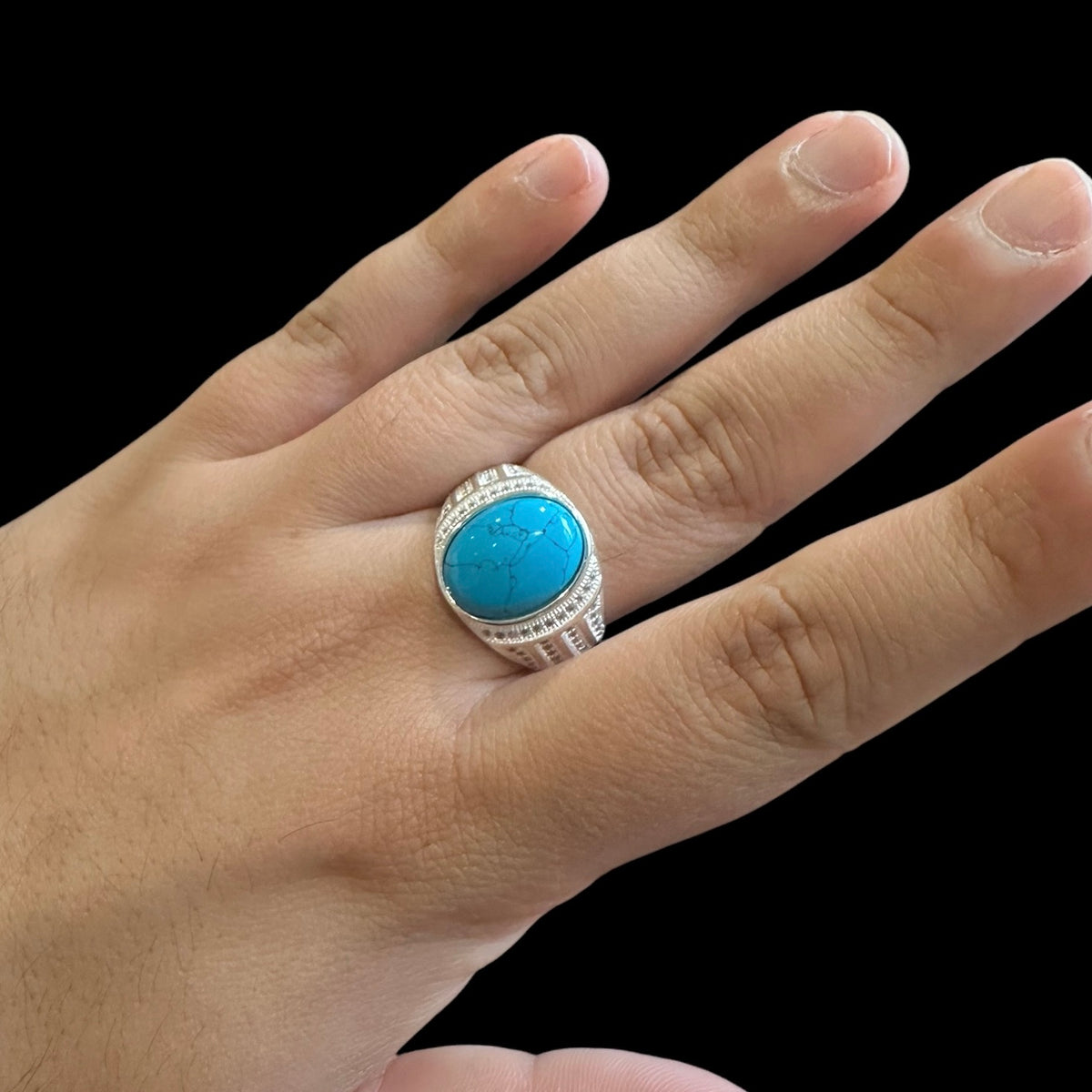 925 Silver Turkish Mens Ring With Turquoise Gemstone (Size: V)