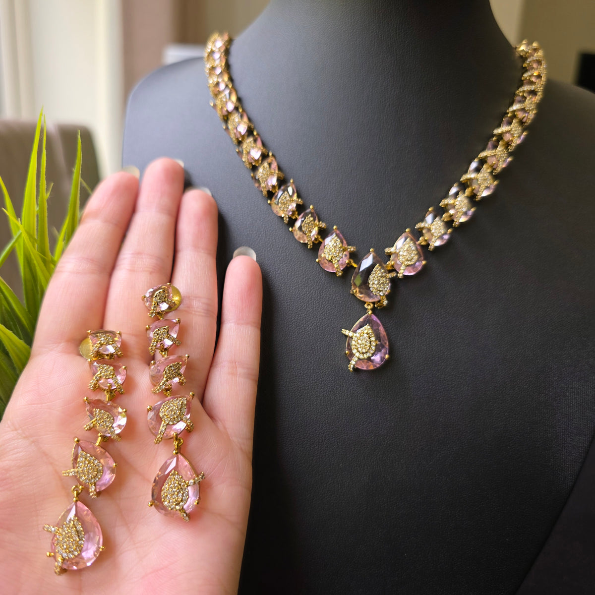 Ayra - Pink Stones Gold Necklace Set With Earrings