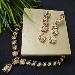 Ayra - Pink Stones Gold Necklace Set With Earrings