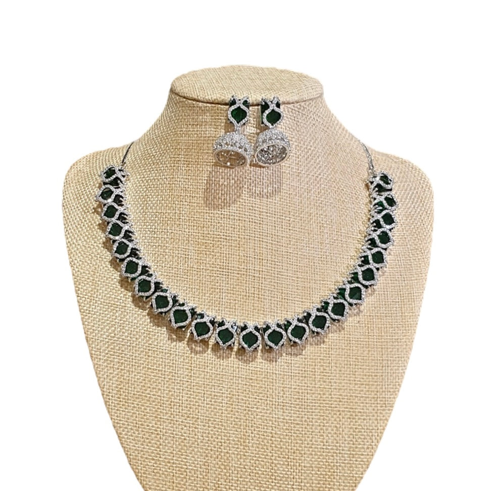 Lab-Grown Emerald Necklace Set – White Gold Plated with Cubic Zirconia