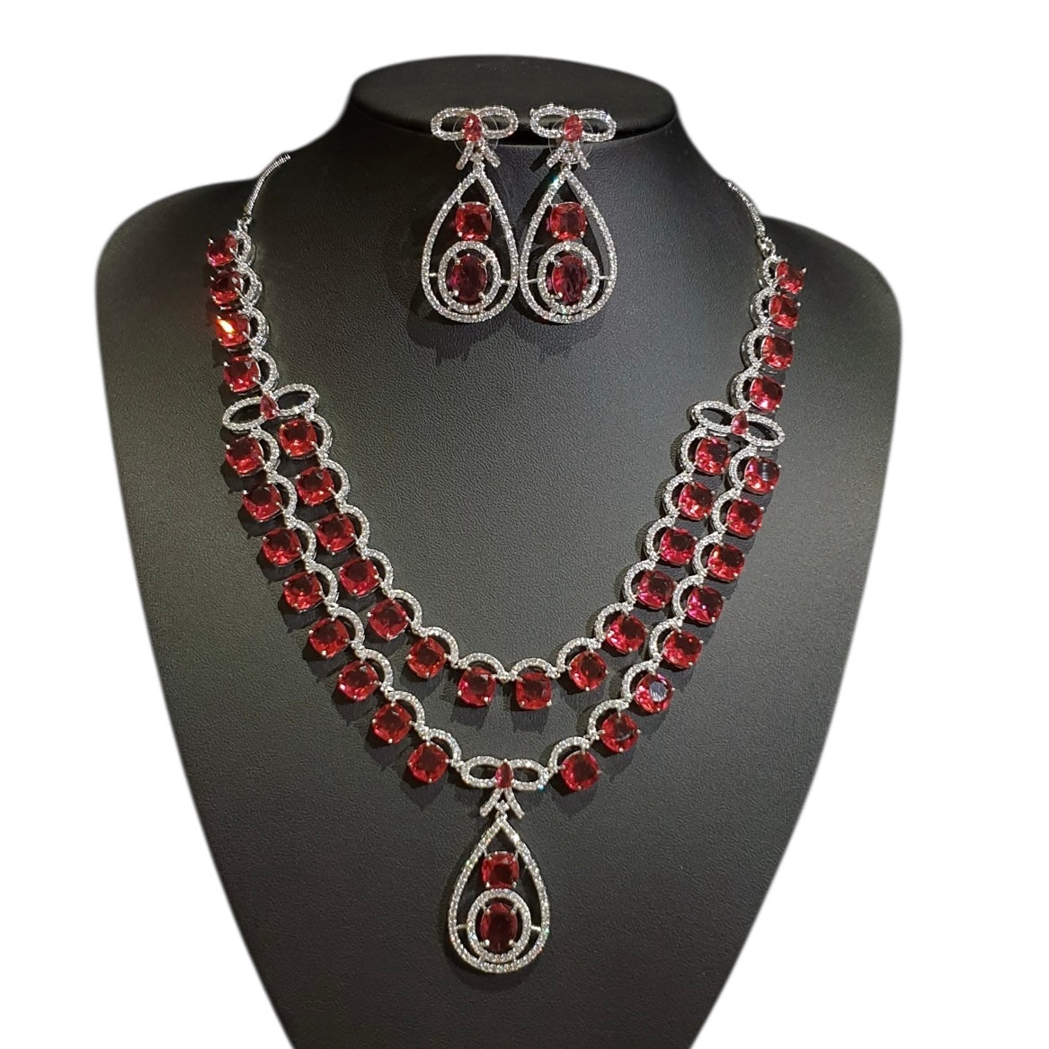 Lab-Grown Red Garnet Necklace Set – White Gold Plated with Cubic Zirconia