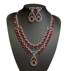 Lab-Grown Red Garnet Necklace Set – White Gold Plated with Cubic Zirconia