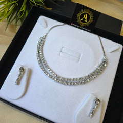 Krona - Dazzling White Gold Cubic Zirconia Double Layered Necklace Set With Earrings