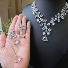 Curie - Dazzling Silver White Cubic Zirconia Necklace Set with Earrings & Tika