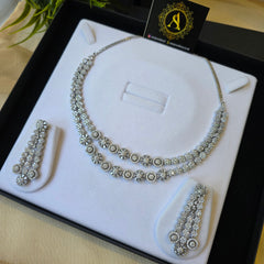 Kisha - Dazzling White Gold Cubic Zirconia Double Layered Necklace Set With Earrings