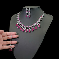 Ruby Necklace Set With Cubic Zirconia - White Gold Plated
