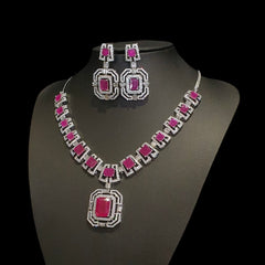 Rubies Necklace Set With Cubic Zirconia - White Gold Plated