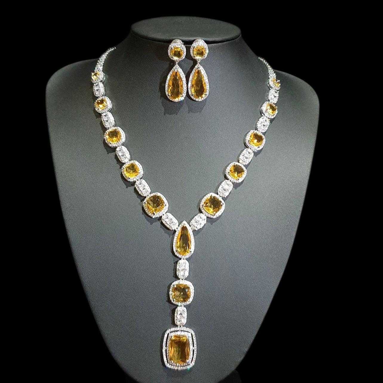 Yellow Citrine Necklace Set – White Gold Plated with Cubic Zirconia