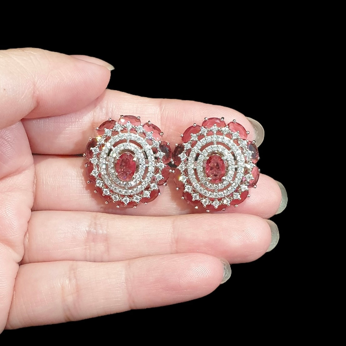 Garnet Red Stud Earrings with Cubic Zirconia - White Gold Plated