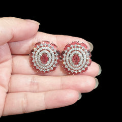 Garnet Red Stud Earrings with Cubic Zirconia - White Gold Plated