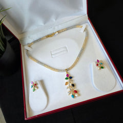 Myra - Gold Gemstones Pendant Necklace Set with Earrings