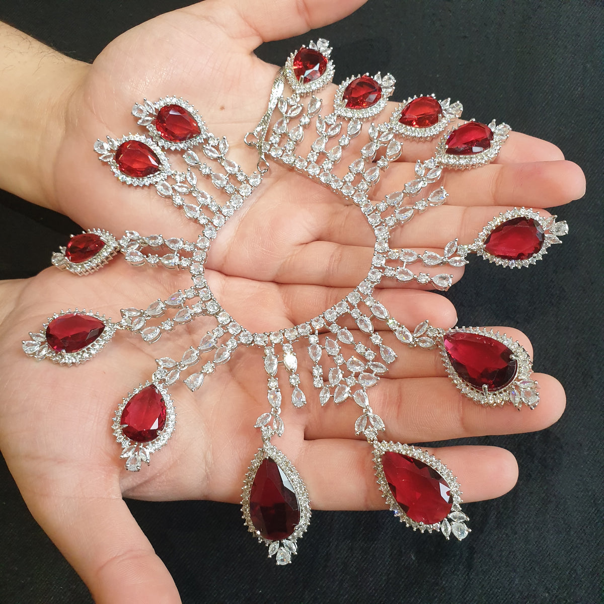 Stunning Garnet Red Statement Necklace Set with Tikka