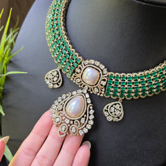 Isba - Statement Emerald & Mother of Pearl Bridal Set with Victorian finish