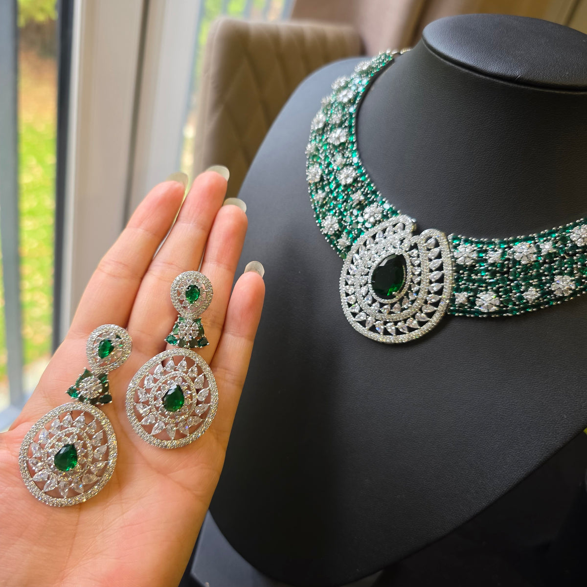 Maya - Bespoke Emerald Green Statement Necklace Set with Earrings