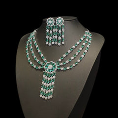 Green Topaz Necklace Set With Cubic Zirconia - White Gold Plated