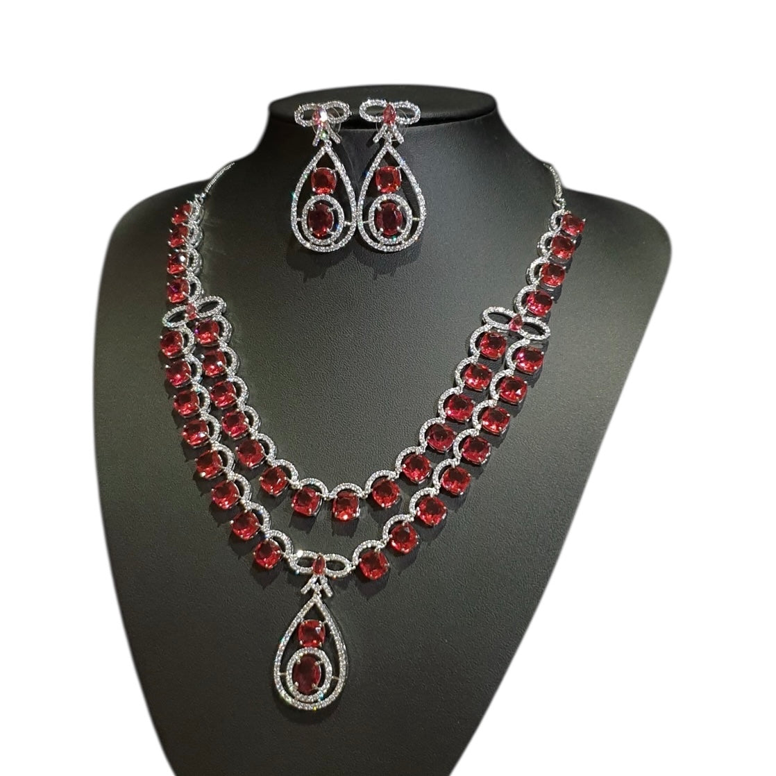 Lab-Grown Red Garnet Necklace Set – White Gold Plated with Cubic Zirconia