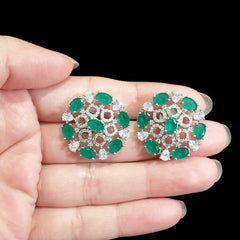 Lab-Grown Emerald Stud Earrings with Cubic Zirconia - White Gold Plated