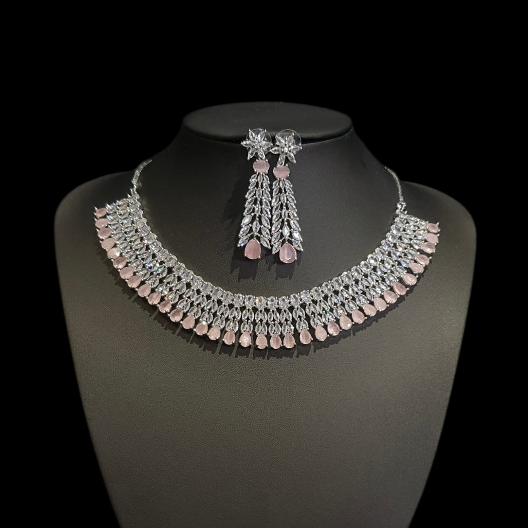 Pink Quartz Necklace Set With Cubic Zirconia - White Gold Plated