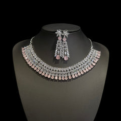 Pink Quartz Necklace Set With Cubic Zirconia - White Gold Plated
