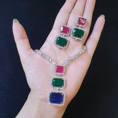 Lab-Grown Emerald, Sapphire & Ruby Necklace Set with Cubic Zirconia – White Gold Plated