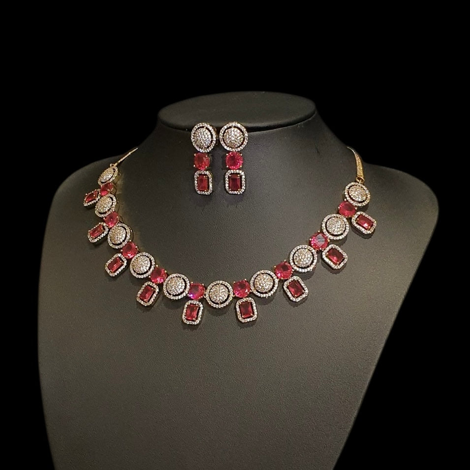 Elegant Garnets Necklace Set with Cubic Zirconia - Dull Gold Plated
