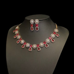 Elegant Garnets Necklace Set with Cubic Zirconia - Dull Gold Plated