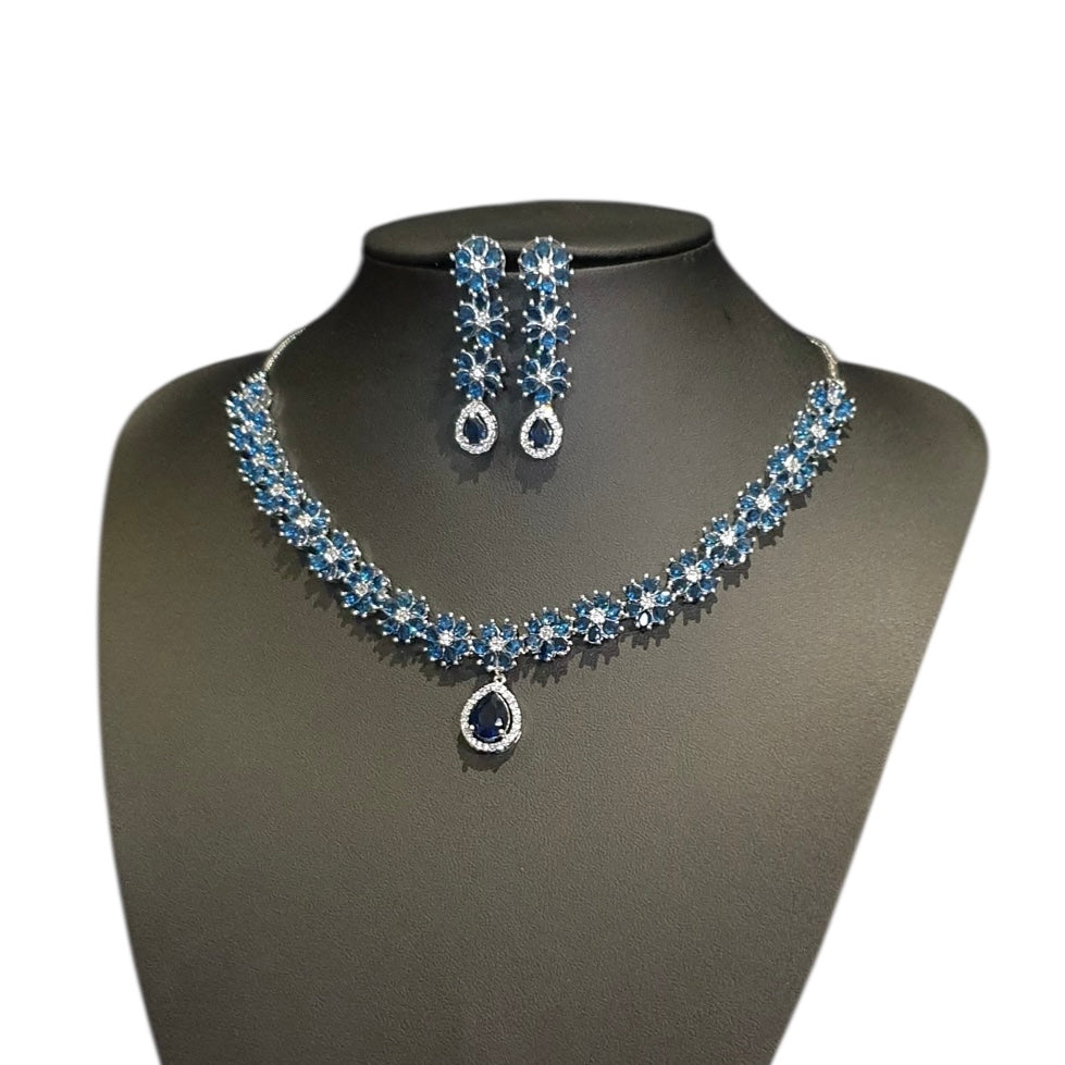 Blue Sapphires Necklace Set With Cubic Zirconia - White Gold Plated