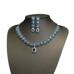 Blue Sapphires Necklace Set With Cubic Zirconia - White Gold Plated