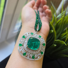 Noor - Doublet Emerald Green Pendant Long Chain Set with Earrings