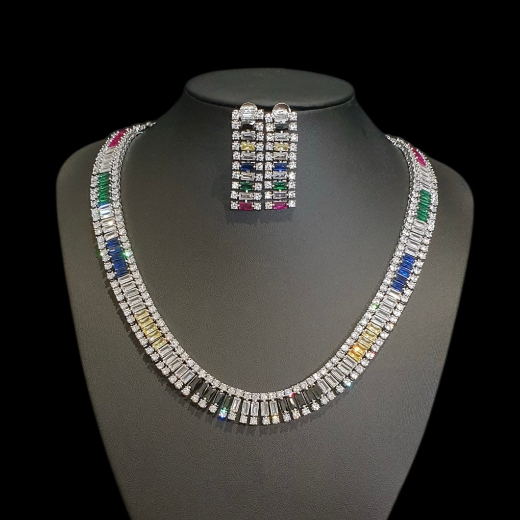 Stunning Multi-Coloured Stones Necklace Set with Cubic Zirconia - White Gold Plated