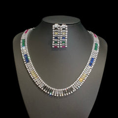 Stunning Multi-Coloured Stones Necklace Set with Cubic Zirconia - White Gold Plated