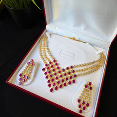 Lina - Rubies Gold Three Layers Necklace Set with Earrings