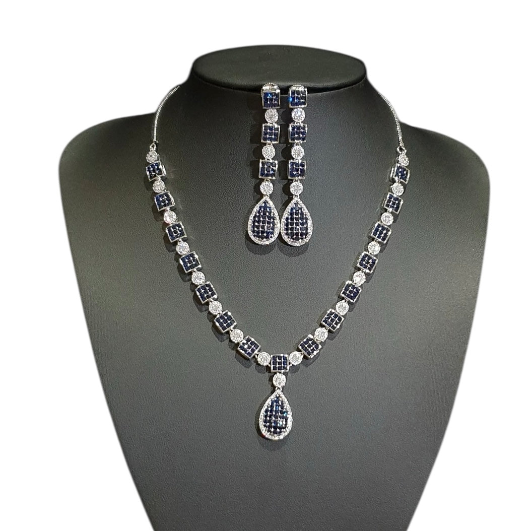 Blue Sapphire Necklace Set with Cubic Zirconia – White Gold Plated
