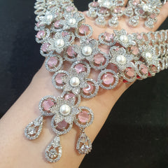 Pink Stone Necklace Set with Cubic Zirconia & Pearls – White Gold Plated