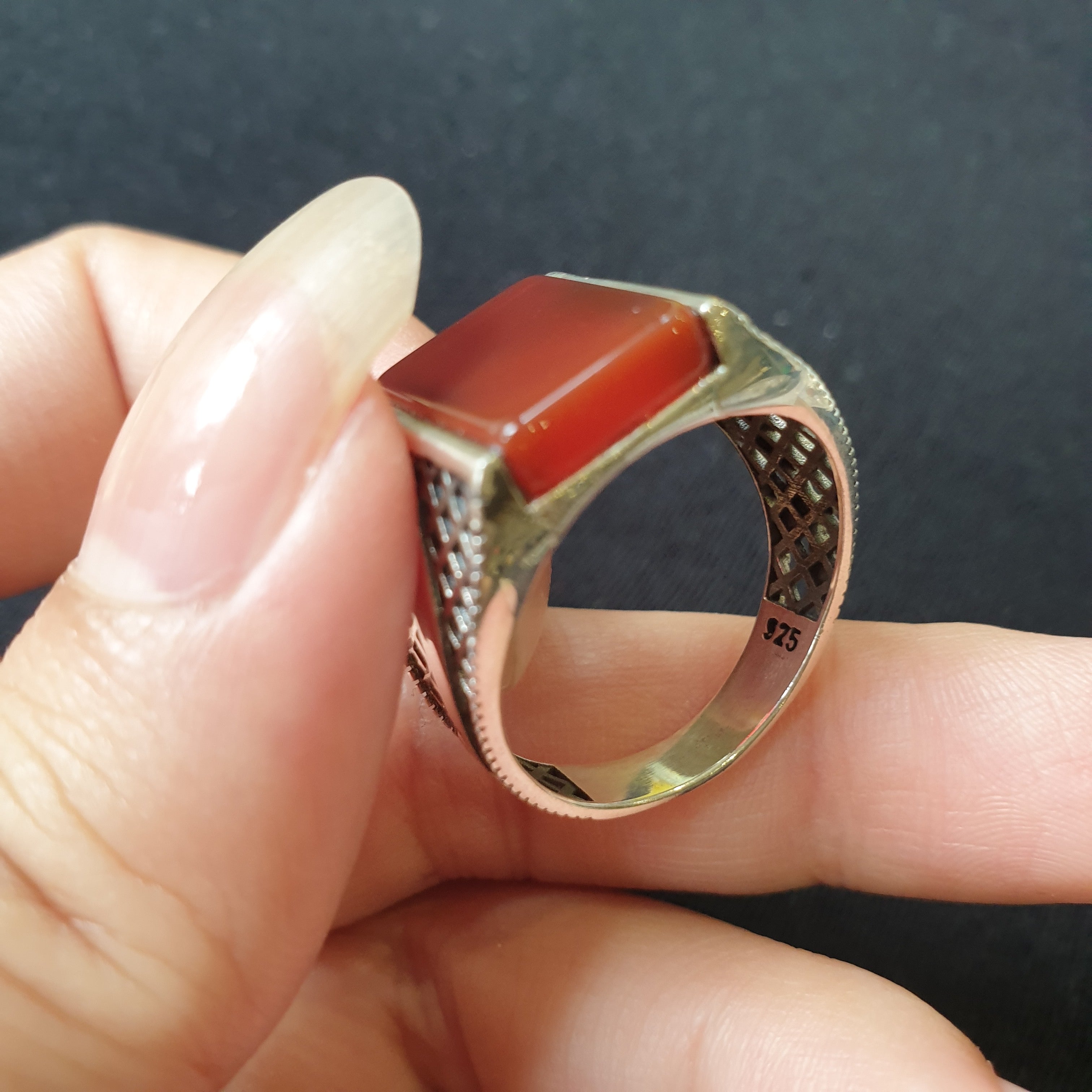 925 Silver Turkish Mens Ring With Agate Gemstone (Size: T)