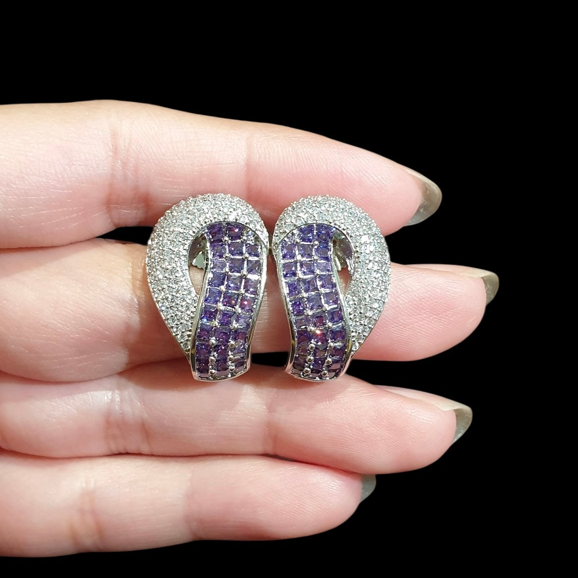 Purple Amethysts Stud Earrings With Cubic Zirconia - White Gold Plated