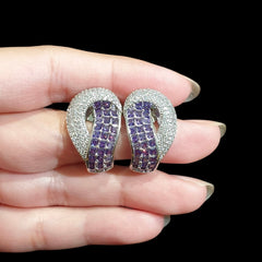 Purple Amethysts Stud Earrings With Cubic Zirconia - White Gold Plated