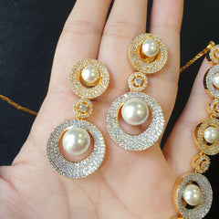 Pearl Necklace Set with Cubic Zirconia – Two-Tone White & Yellow Gold Plated