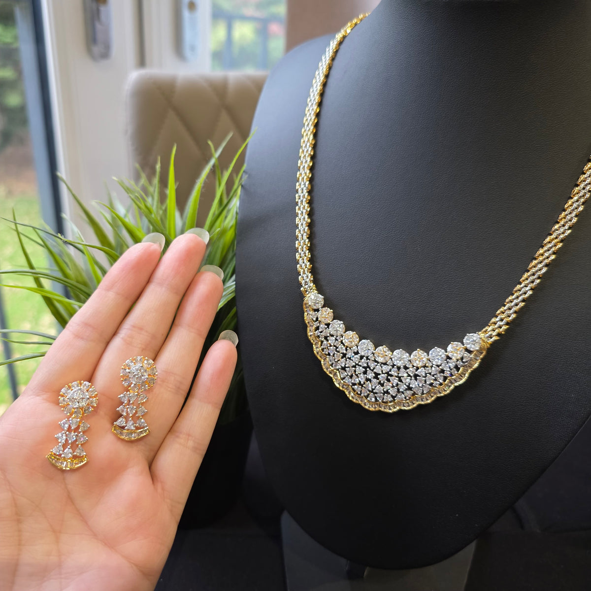 Eva - Dazzling Gold Cubic Zirconia Necklace Set with Earrings