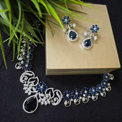 Afi - Floral Sapphire Blue Silver Necklace Set with Earrings