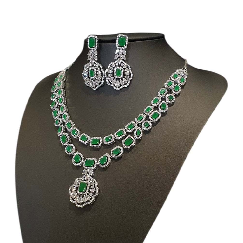 Lab-Grown Emeralds Necklace Set with Cubic Zirconia - White Gold Plated