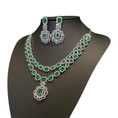 Lab-Grown Emeralds Necklace Set with Cubic Zirconia - White Gold Plated