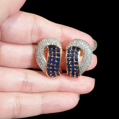 Stunning Blue Sapphires Stud Earrings with Cubic Zirconia - Yellow Gold Plated