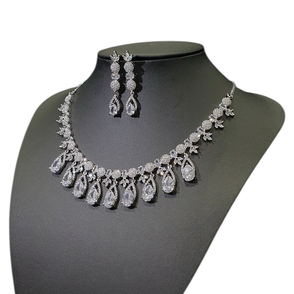 Clear Cubic Zirconia Necklace Set - White Gold Plated