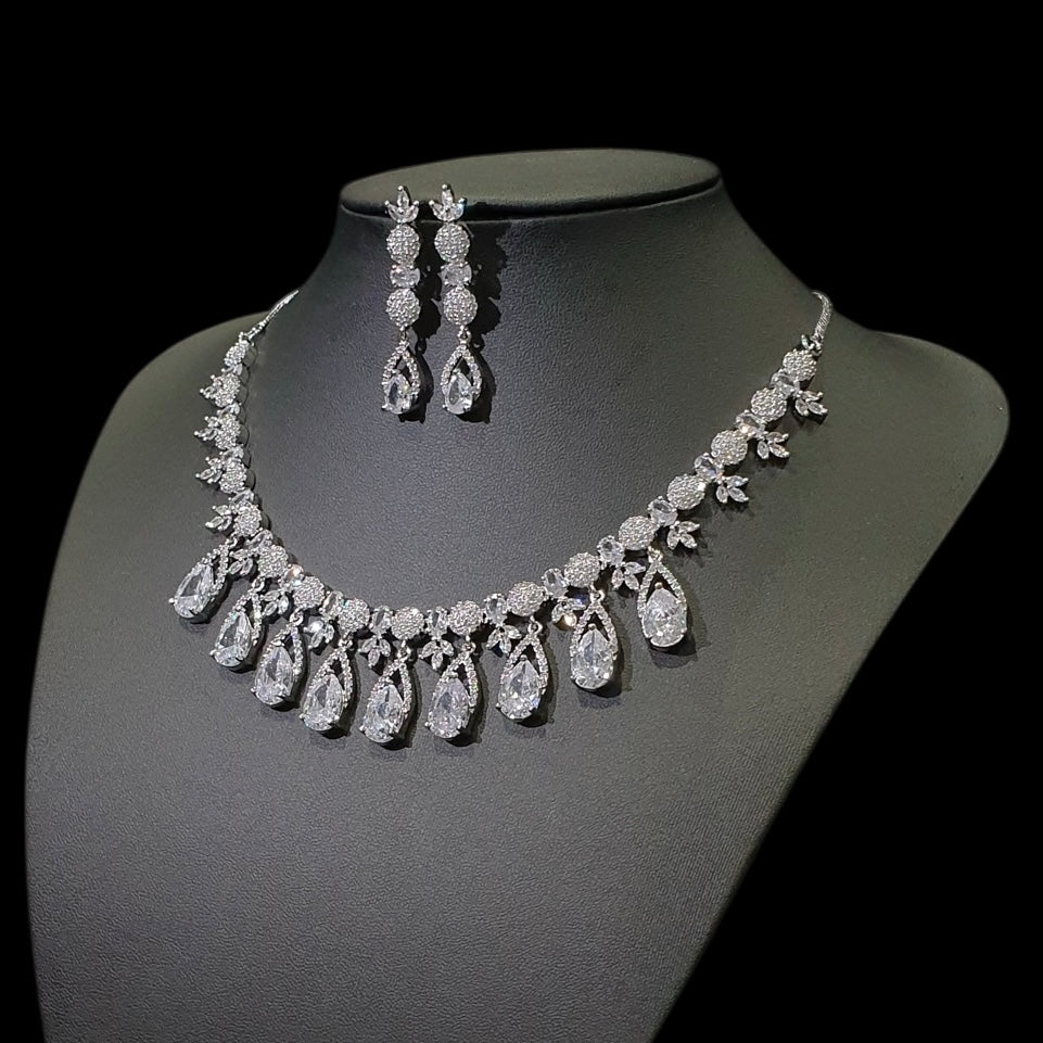 Clear Cubic Zirconia Necklace Set - White Gold Plated