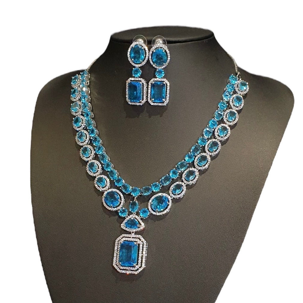 Blue Topaz Necklace Set With Cubic Zirconia - White Gold Plated