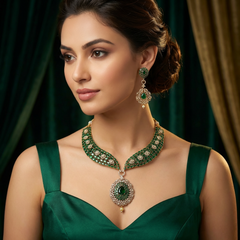 Soha - Classy Emerald Green Necklace & Earrings with antique finish